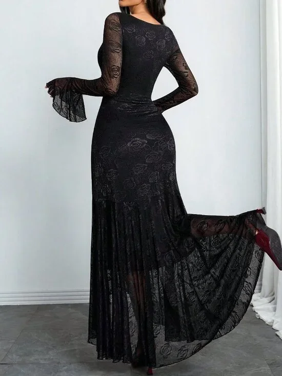 Black Elegant Women's Square Neck Rose Lace Ruffle Sleeve Asymmetric Hem Dress - Picture 2 of 5